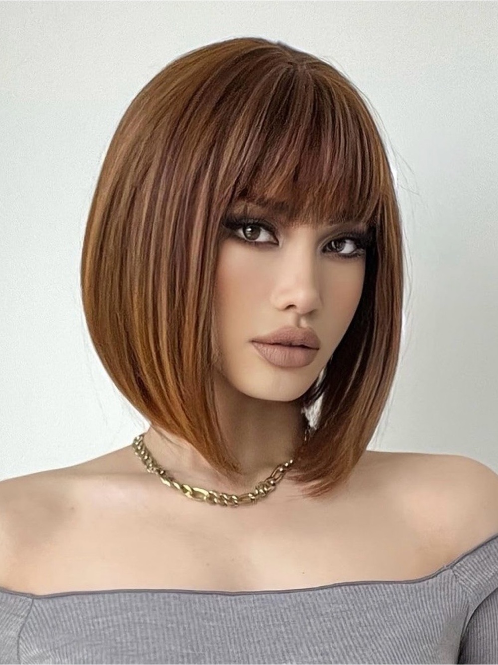 Brown Bob w/ Bangs 12 Inch Wig Women's Short Straight Cosplay Party NWOT